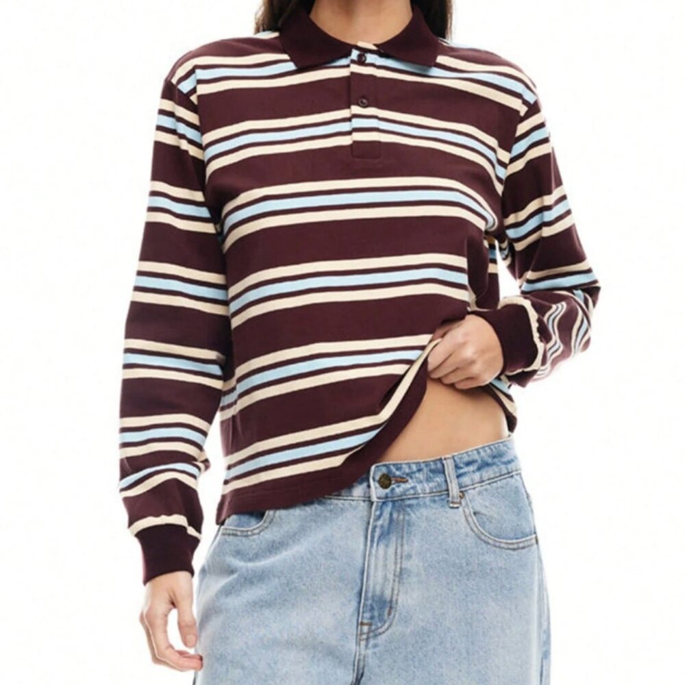 NEW! Striped Rugby Long sleeve Women's Polo Burgundy Brown Baby Blue - Small/med